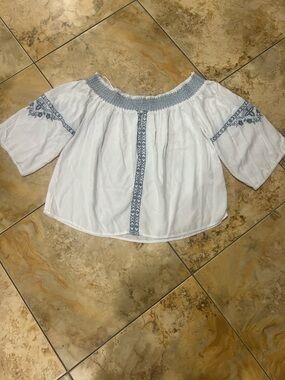 bohme White Off-Shoulder Tunic with Blue Embroidery